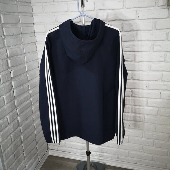 Adidas Men's Size Large Full Zip Navy with White Stripes Drawstring Hoodie - Picture 2 of 13